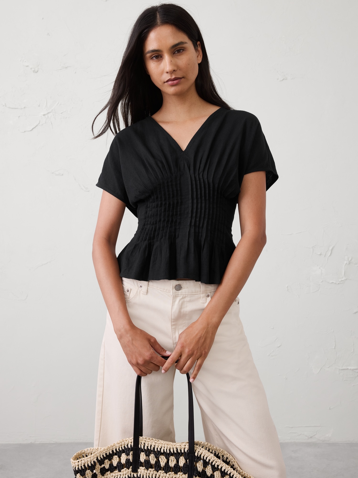 Image number 1 showing, Linen-Blend Pintuck-Waist Top