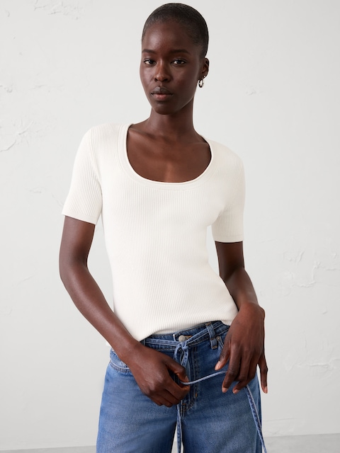 Cotton Ribbed Scoop-Neck Sweater
