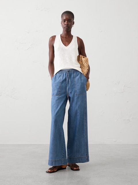 Wide-Leg Mid-Rise Pull-On Utility Jean