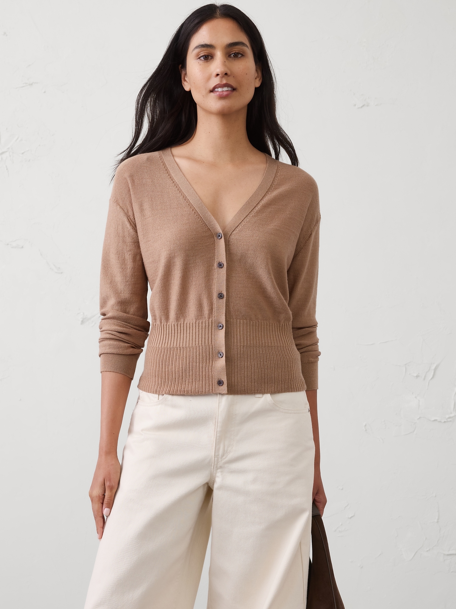 Merino Wool V-Neck Cropped Cardigan Sweater