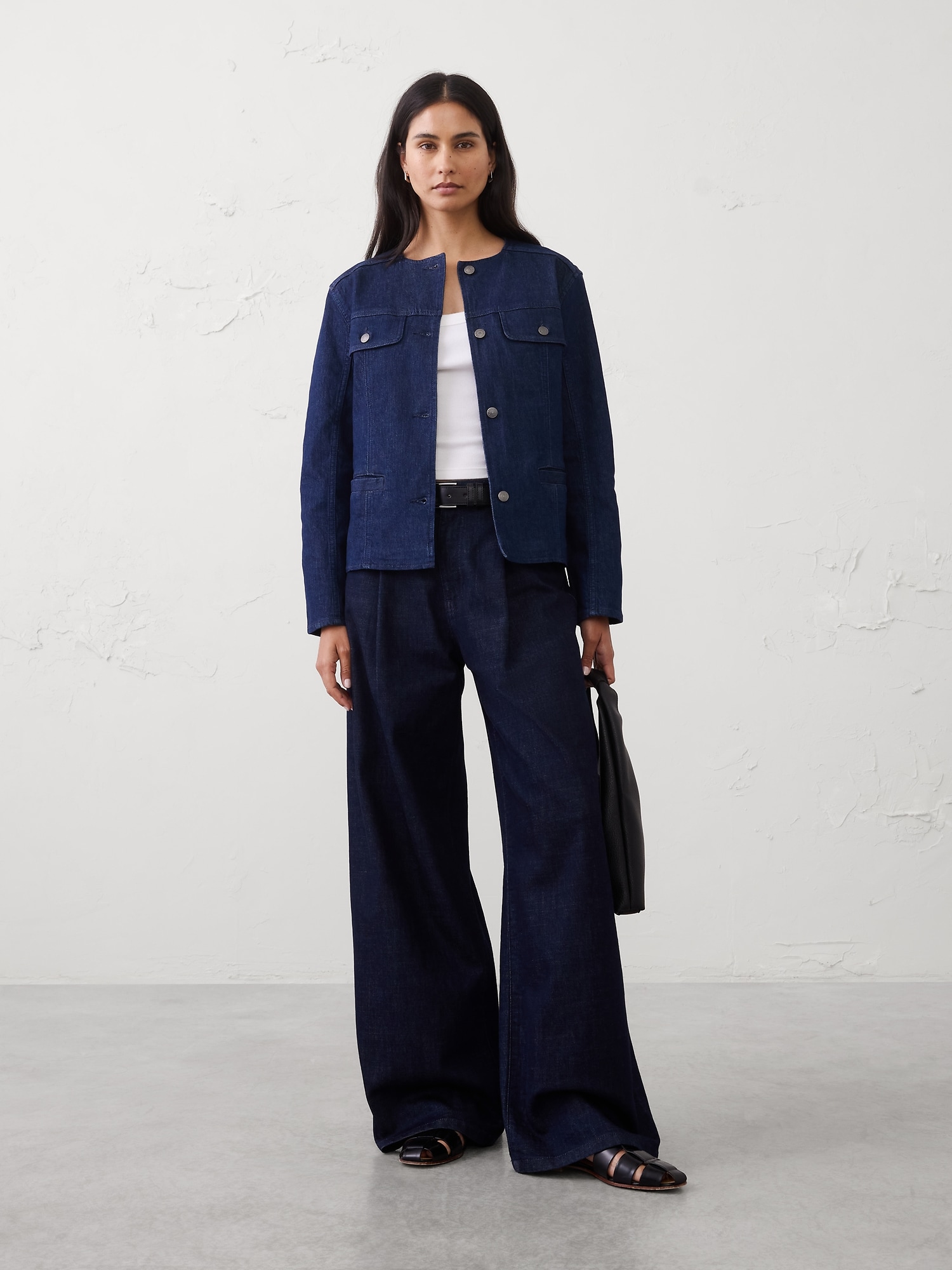 Image number 1 showing, Denim Collarless Jacket