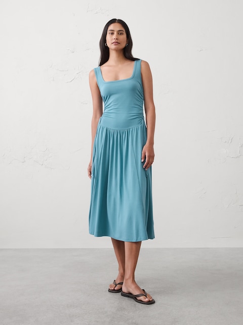 Knit Shirred-Waist Midi Dress
