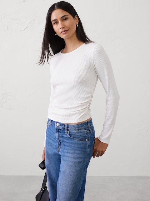 Soft Luxe Ribbed Shirred-Waist Top