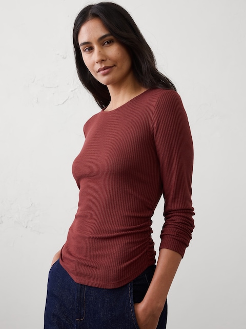 Soft Luxe Ribbed Shirred-Waist Top
