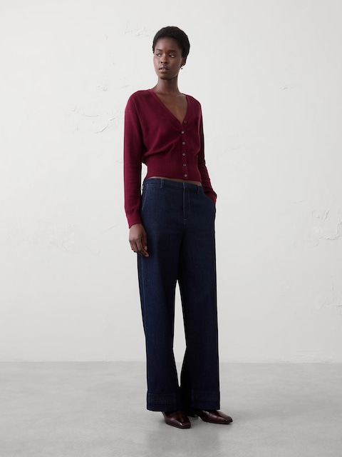 Merino Wool V-Neck Cropped Cardigan Sweater