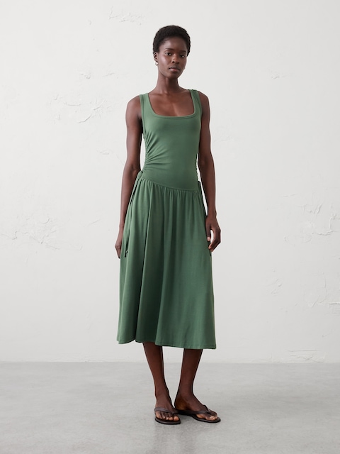Knit Shirred-Waist Midi Dress