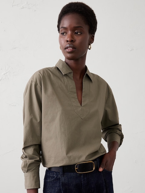 Cotton Collar-Neck Tunic Top