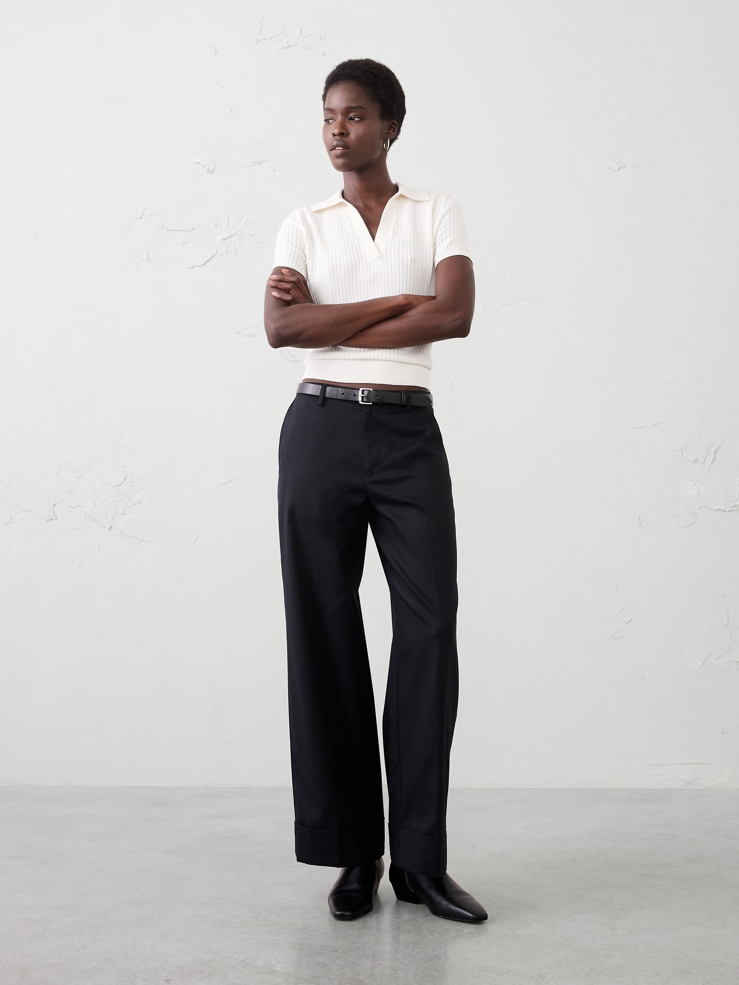 Image number 1 showing, Wide-Leg Mid-Rise Drapey Twill Cuffed Pant