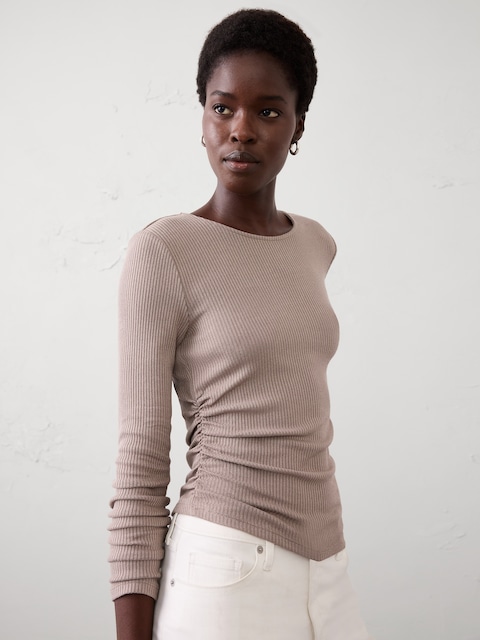 Soft Luxe Ribbed Shirred-Waist Top