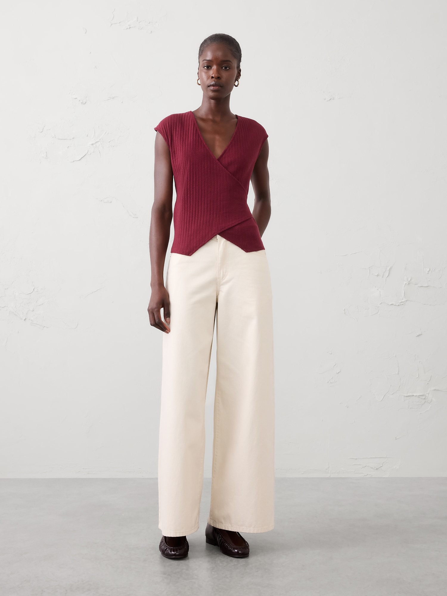 Image number 1 showing, Pointelle Ribbed Wrap-Front Top