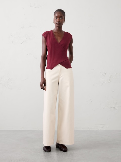 Pointelle Ribbed Wrap-Front Top