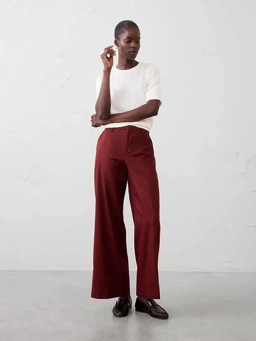 Wide-Leg Mid-Rise Drapey Twill Cuffed Pant | Banana Republic Factory