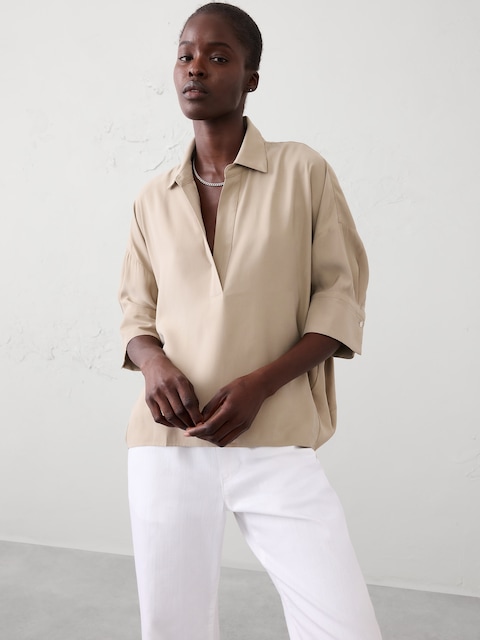 Drapey Twill Collared Popover Top