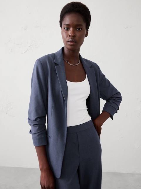 Sculpted Stretch Ruched-Sleeve Blazer