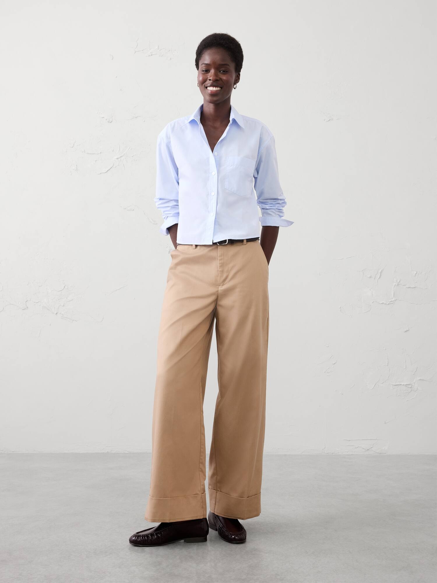 Image number 1 showing, Wide-Leg Mid-Rise Drapey Twill Cuffed Pant