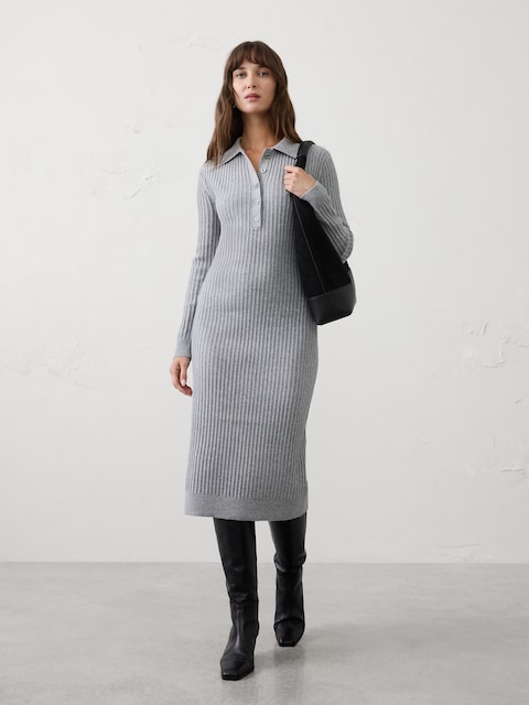 Ribbed Polo Midi Sweater Dress