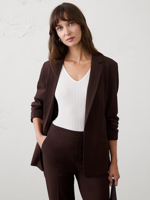 Sculpted Stretch Ruched-Sleeve Blazer