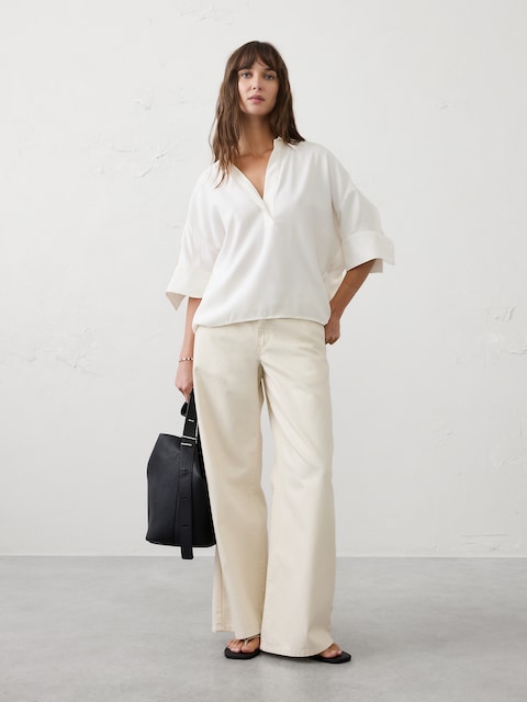 Drapey Twill Collared Popover Top