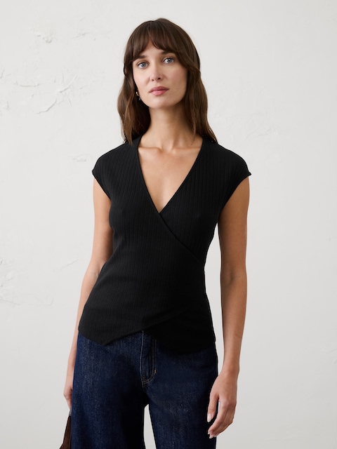 Pointelle Ribbed Wrap-Front Top