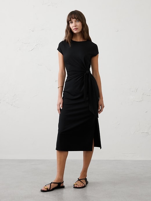 tie waist knit midi dress ASOS DESIGN Curve knit midi dress with tie waist in taupe