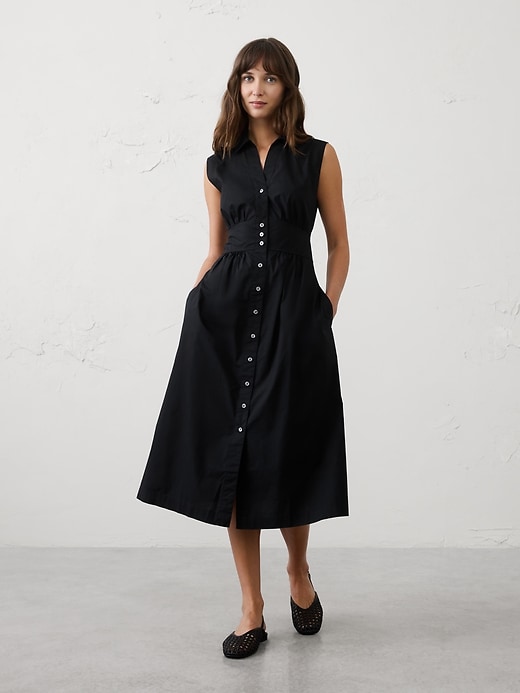 midi dress poplin polos Cotton Puff Sleeve Twist Front Cutout With Pockets tie belt + seam detailing for a polished Marine Layer Women's Darcy Poplin