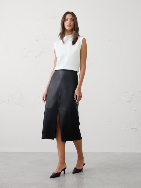 Vegan Leather Seamed Midi Skirt