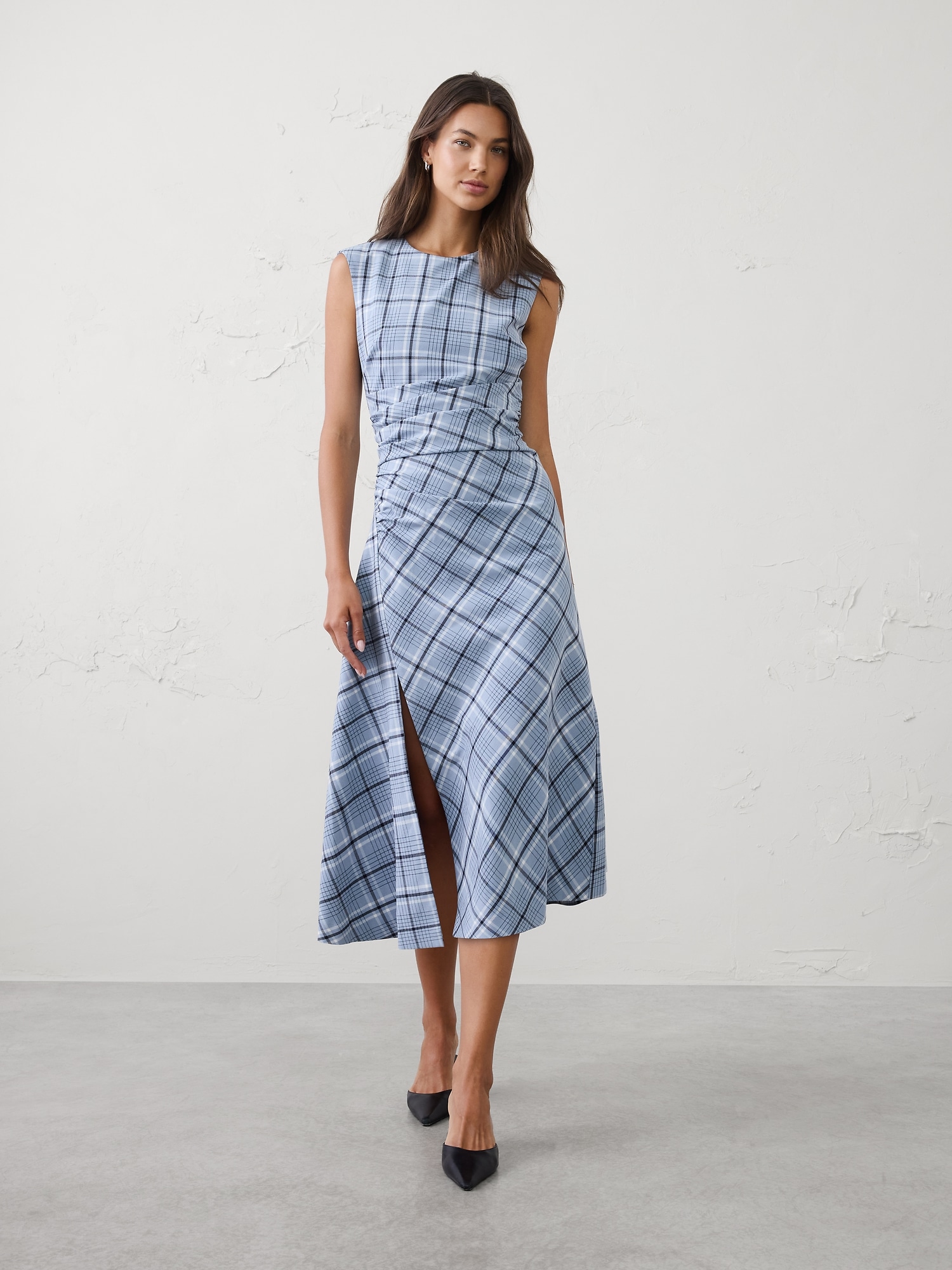 High-Neck Draped Midi Dress