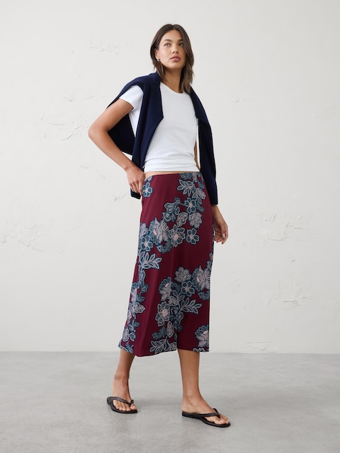 Sheen Twill Pull-On Midi Skirt