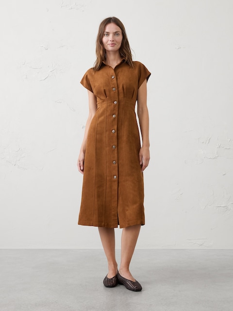 Vegan Suede Seamed Midi Shirtdress