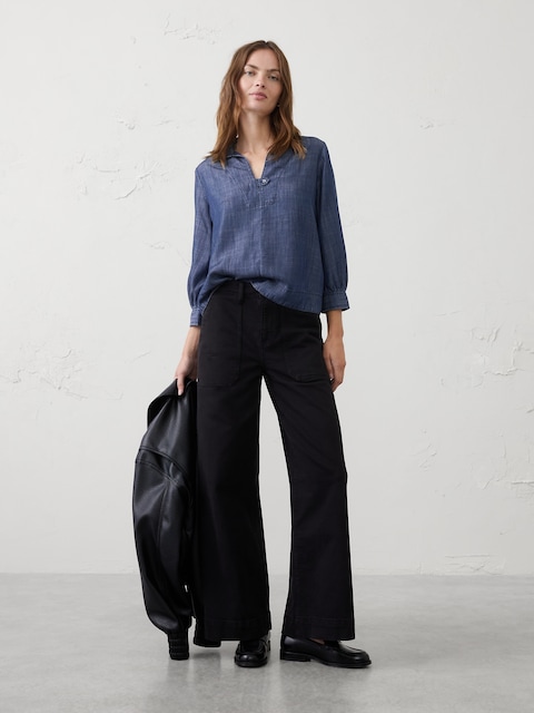 Denim Collared Tab Pullover Top
