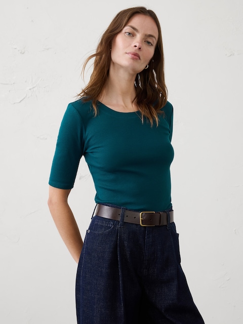 Ribbed Elbow-Sleeve T-Shirt