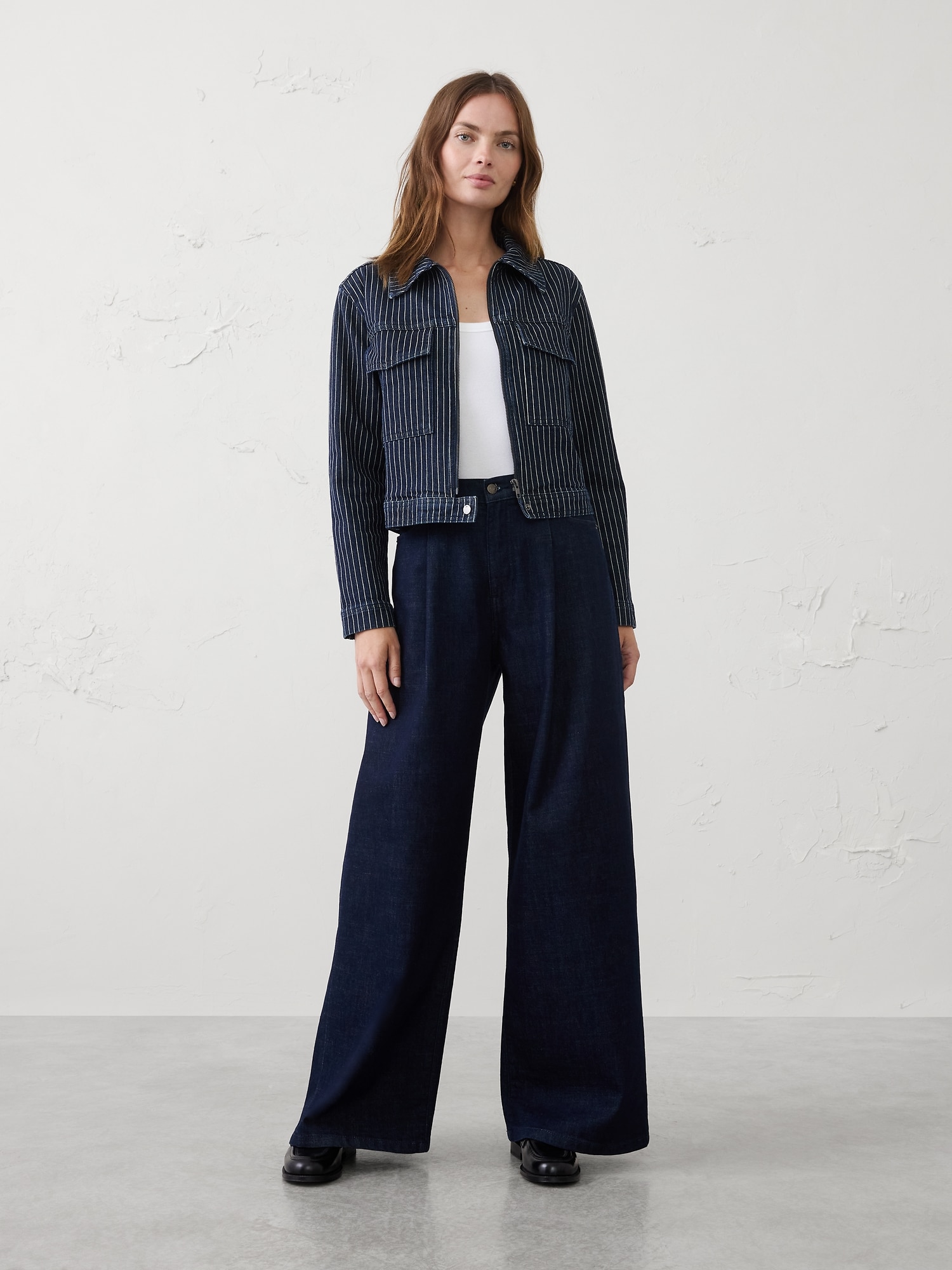 Image number 1 showing, Denim Pinstriped Cropped Jacket