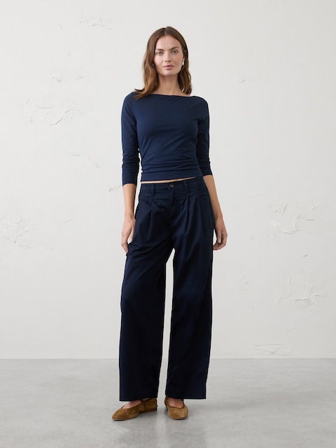 Straight Mid-Rise Twill Pleated Pant