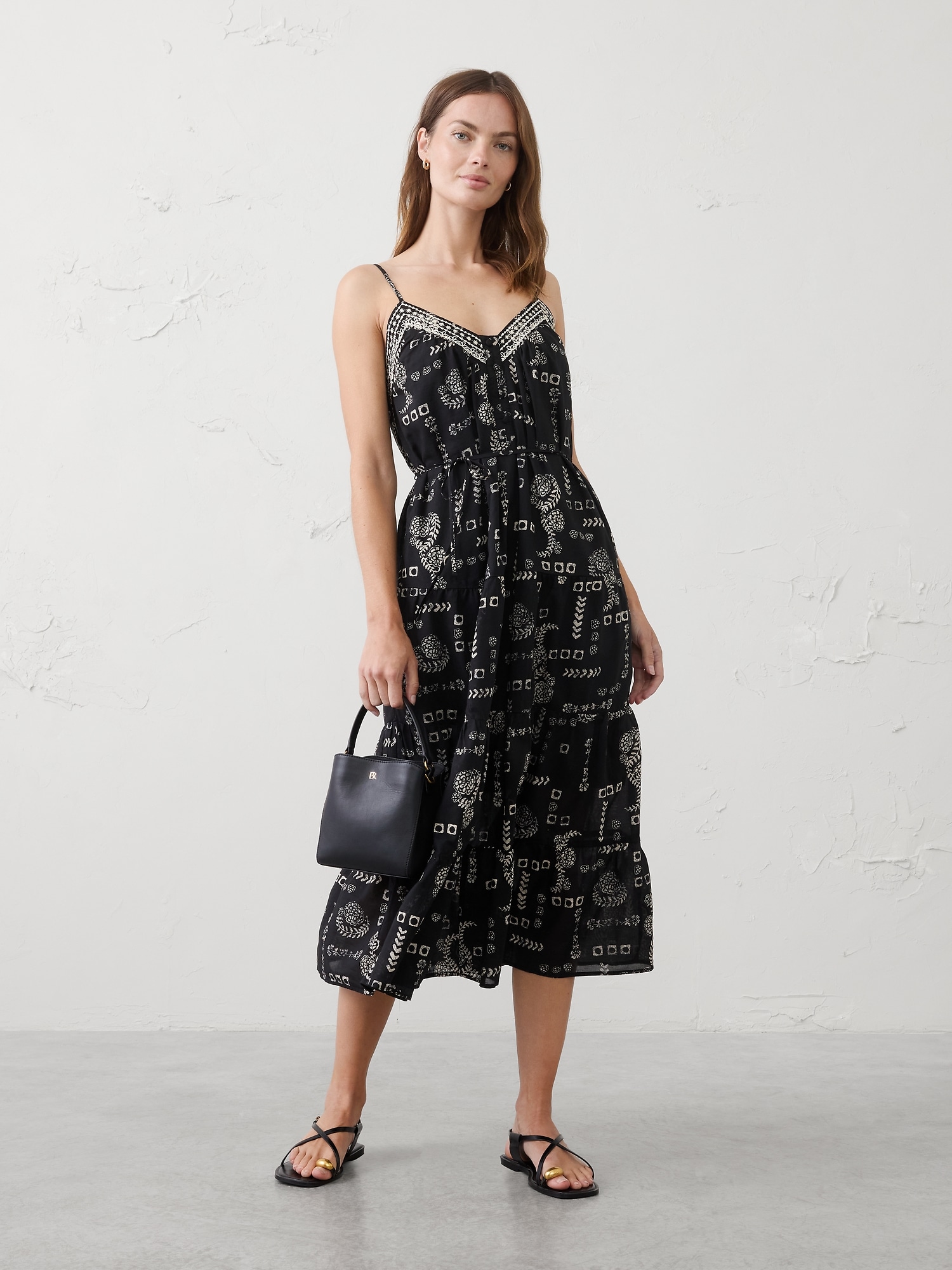 Image number 1 showing, Strappy Embroidered Tiered Midi Dress