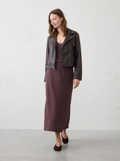 Crepe Pinstripe Pull-On Midi Skirt