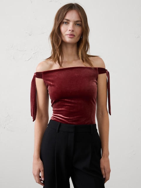 Velvet Off-Shoulder Tie Top