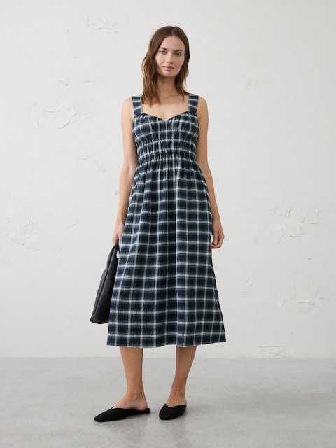 Shirred-Bust Empire-Waist Midi Dress