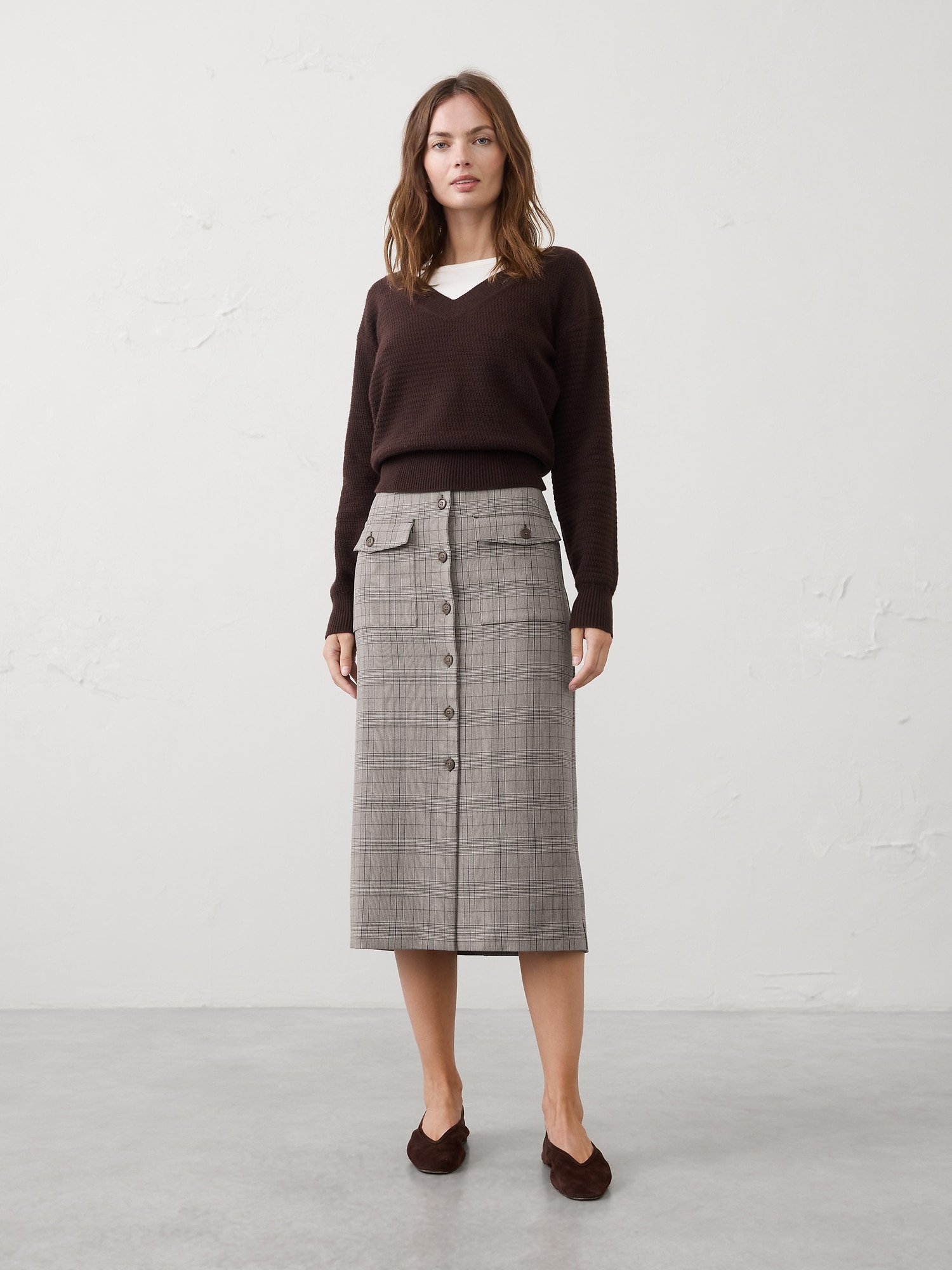 Button-Front Midi Skirt