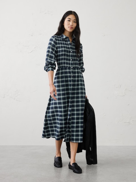 Breezy Plaid Smocked Midi Dress