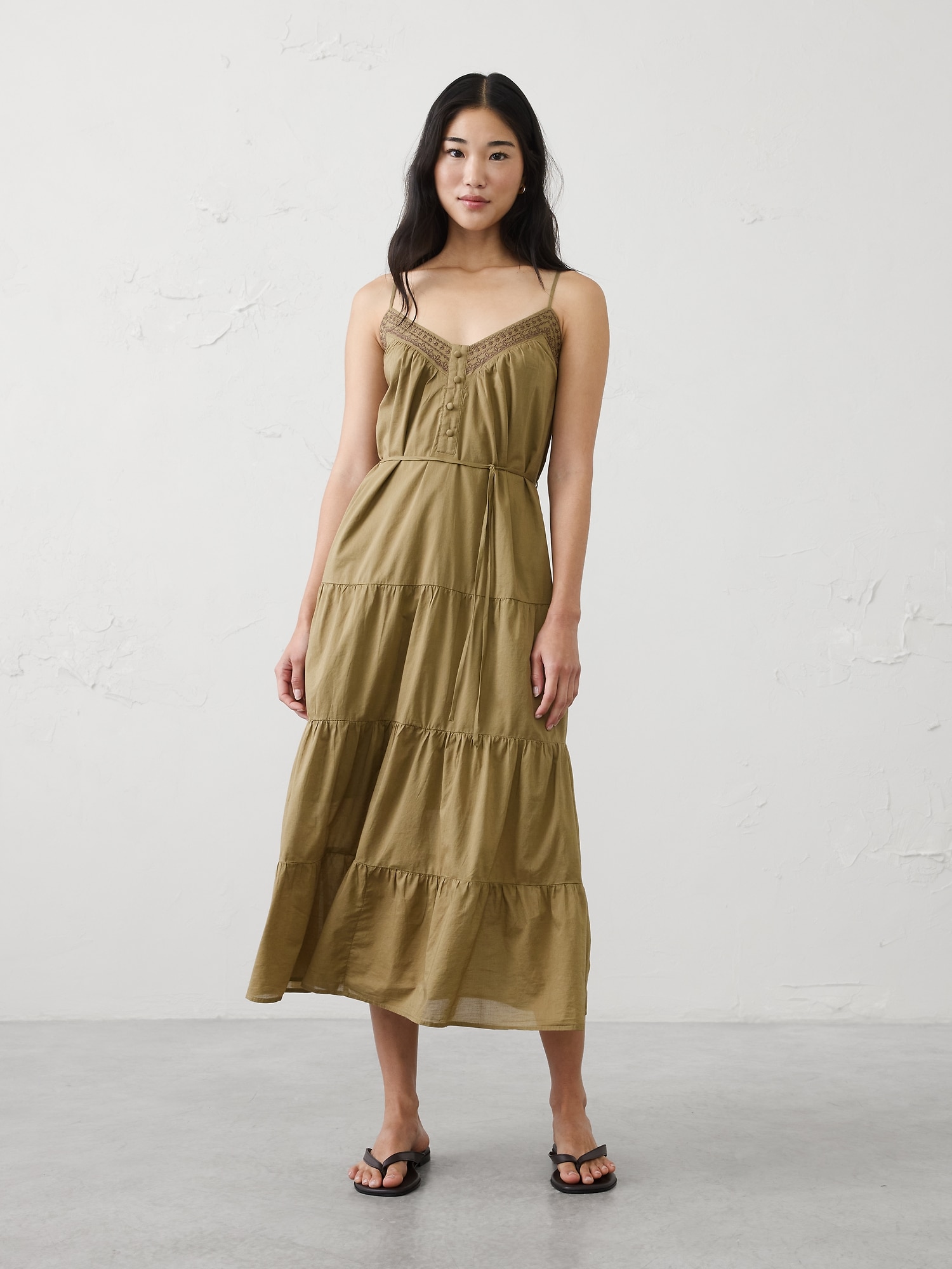 Image number 1 showing, Strappy Embroidered Tiered Midi Dress