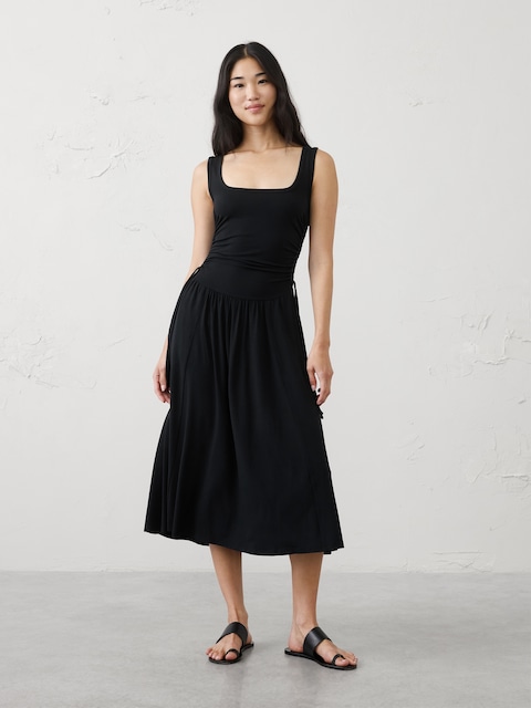 Knit Shirred-Waist Midi Dress