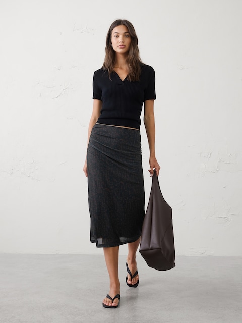 Mesh Side-Shirred Midi Skirt