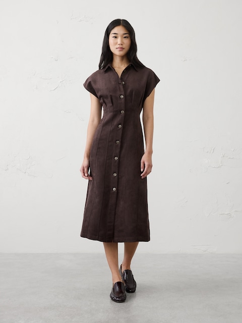 Vegan Suede Seamed Midi Shirtdress