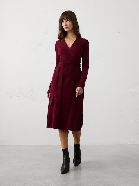 Ribbed Wrap Sweater Midi Dress