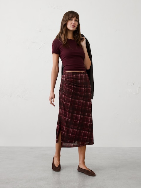 Mesh Side-Shirred Midi Skirt
