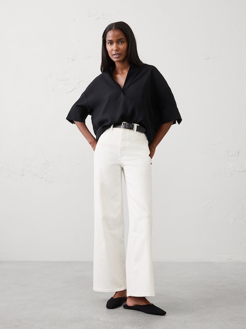 Drapey Twill Collared Popover Top