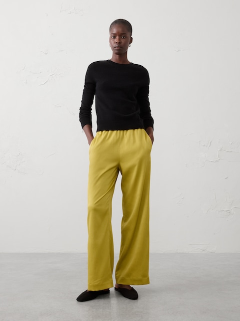 Wide-Leg High-Rise Crinkle Satin Pull-On Pant