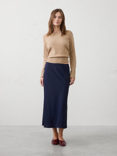 Crepe Pinstripe Pull-On Midi Skirt