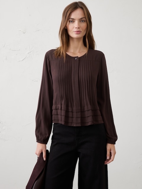 Pleated Button-Front Swing Top