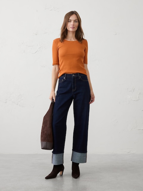 Ribbed Elbow-Sleeve T-Shirt